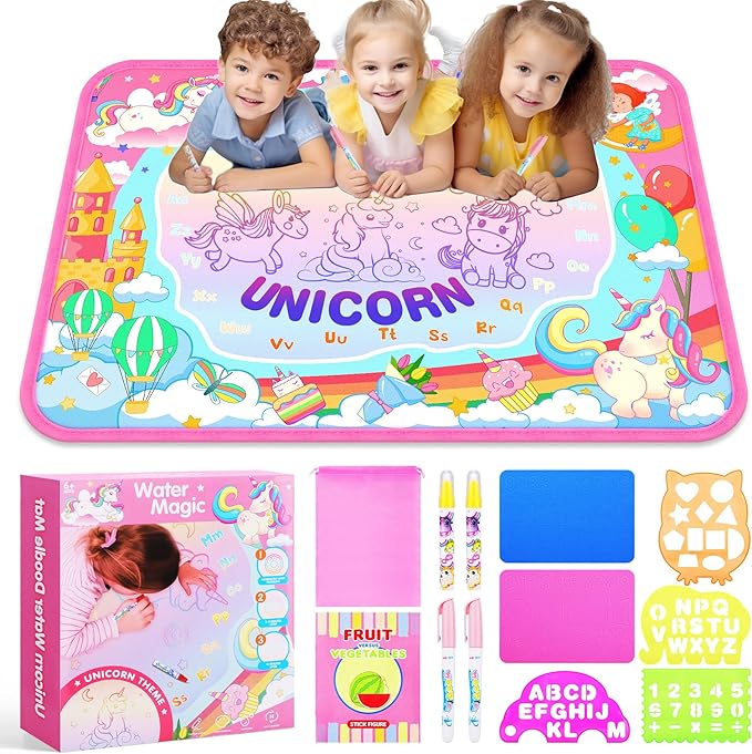 MAIGOZON Water Doodle Mat, Unicorn Drawing Mat for Toddlers, Kids Water Painting Pad Coloring Board Set, Art Supplies for Toddlers, No Mess Crafts Birthday Christmas Gifts for Girls Ages 3 4 5 6 7 8