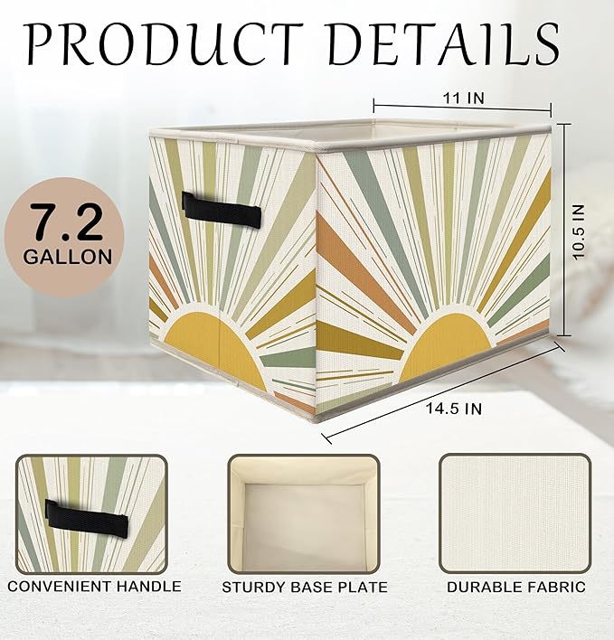 FDHSPAAM Boho Rainbow Sunshine Storage Bins Box with Handles, Abstract Mid Century Modern Minimalist Sun Sunrise Collapsible Fabric Storage Basket Box Organizer for Bedroom Bathroom Clothes Toys Books