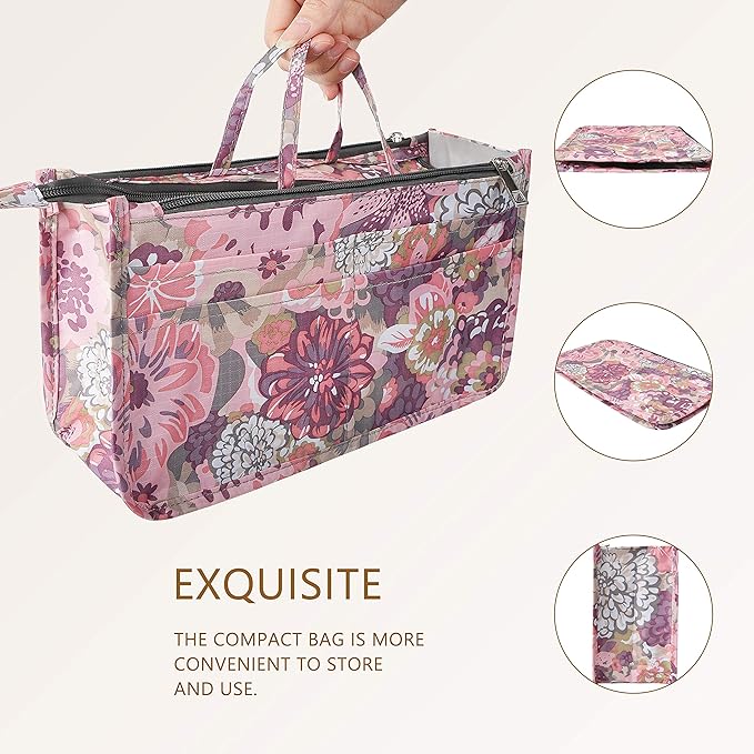 Vercord Patterned Purse Handbag Tote Pocketbook Bag Organizer Insert with Zipper Handle for Women Large Peony