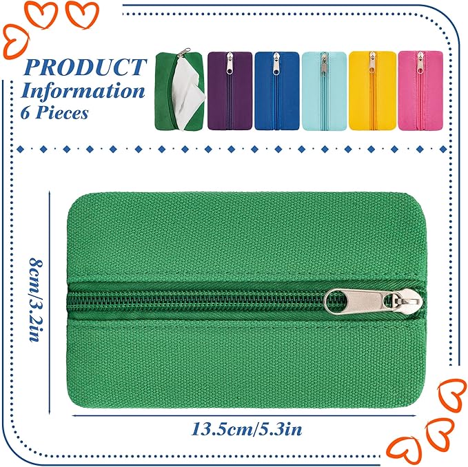 Pocket Tissue Holder, 6 Packs Tissue Holder for Purse, Reusable Travel Tissue Pouch, Fabric Purse Zipper Enclosed Tissue Packs for Coins Tissue Cards Car Travel Office Home, 5.1 x 3.1 Inches