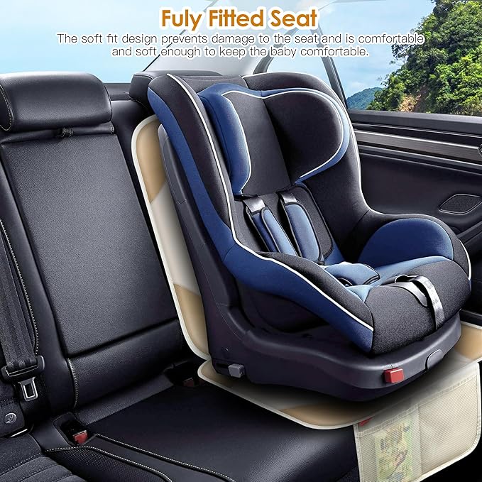 Sinvitron Car Seat Protector for Child Car Seat - Waterproof Non-Slip Leather Mat with 2 Mesh Pockets, Universal Seat Cover for Baby, Pets & Vehicles(2-Pack,Off-White)