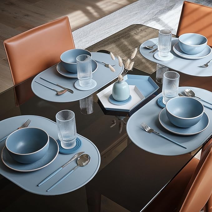 LINE+ARC Waterproof, Stain-Resistant, Heat-Safe Silicone Degrē Placemats (20.5x13, Set of 2 Rose) 3mm-High Rim Adults Babies Easy-to-Clean Washable Oval Modern Non-Slip Dining Table Mats