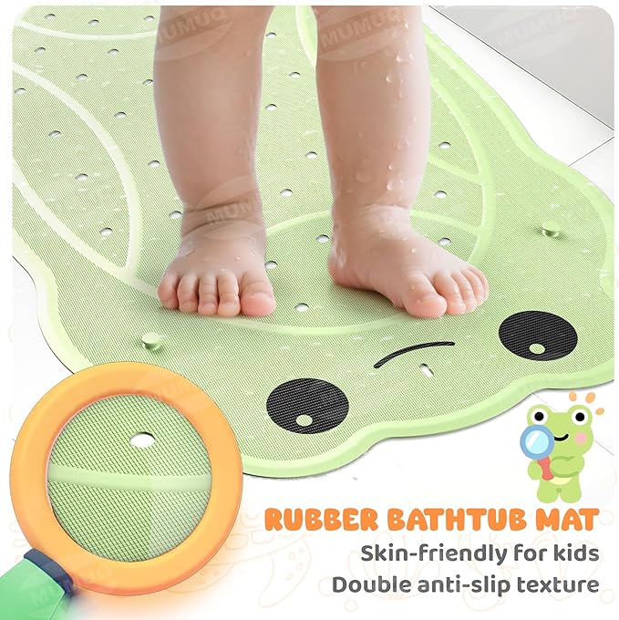Baby Bath Mat for Tub Non Slip Bathtub Mat Ruber Cartoon Frog Shower Mats for Toddlers and Kids 30"x18" Cute Bath Mats with Suction Cups and Drain Holes, Green