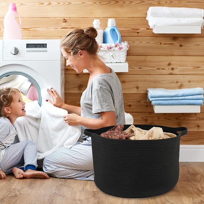 XUANGUO Large Cotton Rope Basket Blankets Basket Living Room 22"x14" Toy Baskets for Kids and Dogs Rope Storage Baskets for Nursery Woven Laundry Baskets for Clothes Towels round black