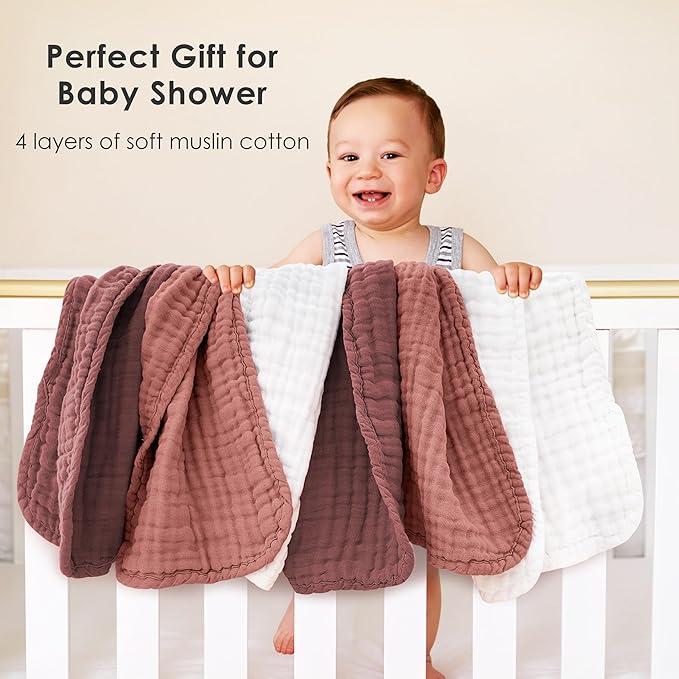 Muslin Burp Cloths for Baby 100% Cotton Burping Cloths for Unisex, Boy, Girl - Large 20'' by 10'' Newborn Essentials Ultra Soft Absorbent Milk Spit Up Rags - 12 Pack - White+Deep Bean Paste Series