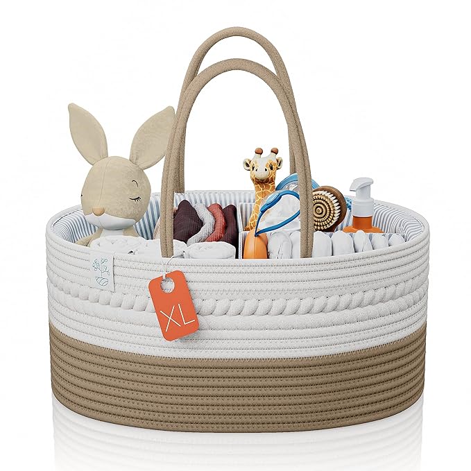KiddyCare Woven Diaper Caddy Organizer, Large Gray Multi Functional Portable Baby Basket with Handle, Baby Gift for Boy/Girl Nursery Storage, Organization, and Modern Car Diaper Caddy Natural X-Large