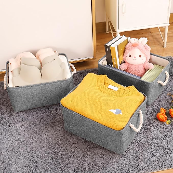 LordCom Storage Bins with Sturdy Cotton Handles(1 Pack), Fabric Storage Baskets for Organizing use for Office & Home, Book, Clothes, Toys, Closet Boxes (Large, Grey, 15.7x11.8x7.9 inches)