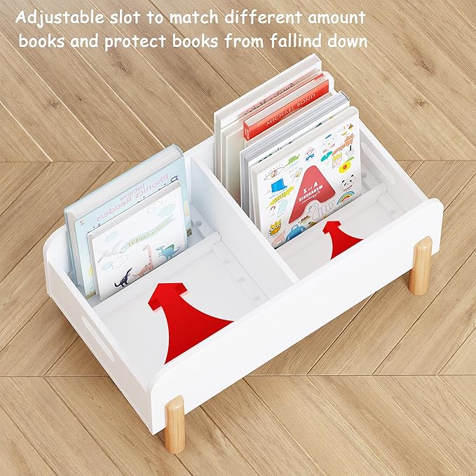 UTEX Montessori Bookshelf for Kids, Wooden Book Shelf for Kids Rooms, Toddler Book Caddy with Adjustable Divider, Floor Book Display, Baby Book Rack for Classroom Nursery