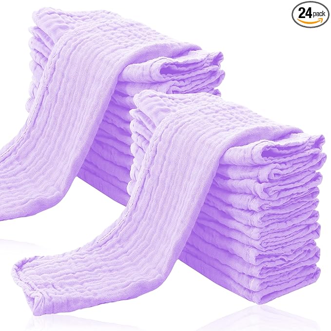 Cute Castle 24 Pack Muslin Burp Cloths for Baby - Ultra-Soft 100% Cotton Baby Washcloths - Large 20'' by 10'' Super Absorbent Milk Spit Up Rags - Burpy Cloths for Unisex, Boy, Girl - Purple