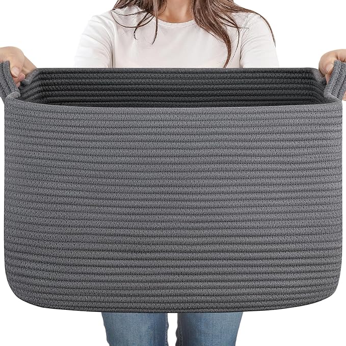 SIXDOVE 65L Large Storage Basket, Cotton Rope Woven Blanket Basket, Toy Storage for Baby Room, Living Room, Dark Grey
