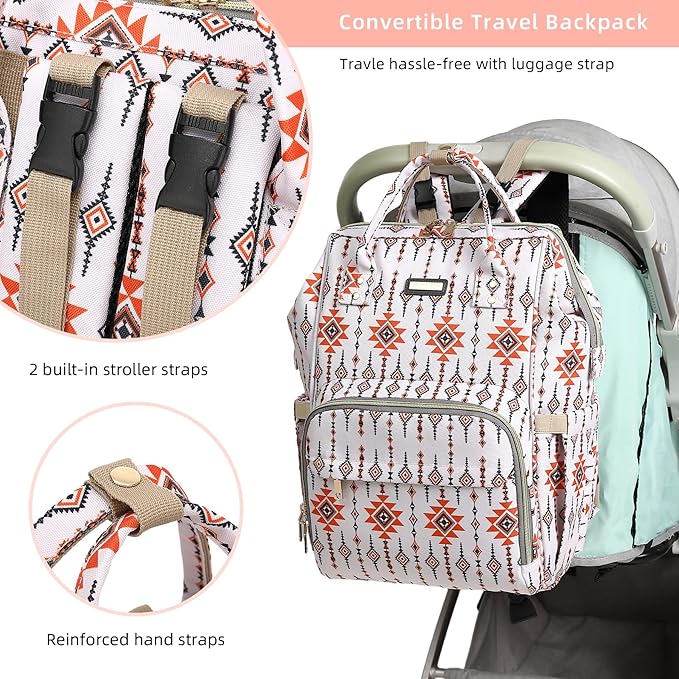 GAIVP Diaper Bag Backpack, Diaper Bags for Baby Girls Boys, Baby Bags for Moms Dads, Nappy Changing Bag with Insulated Pockets,Multi-functional Waterproof Backpack with Stroller straps-Tribal Orange
