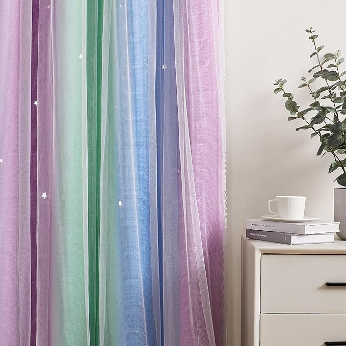 XiDi Curtains for Bedroom Decor, Rainbow Green PurpleBlue34/45/1