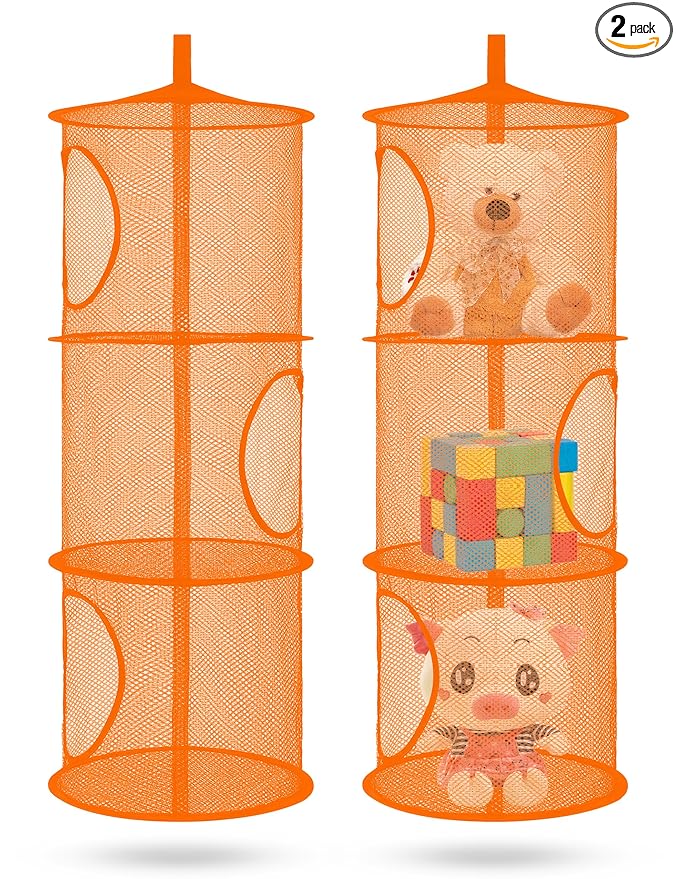 Libeder Mesh Hanging Storage Space Saver Bags Organizer,Foldable Storage Organizer 3 Compartments Toy Storage Basket for Kids Room Bathroom 2 Sets Orange