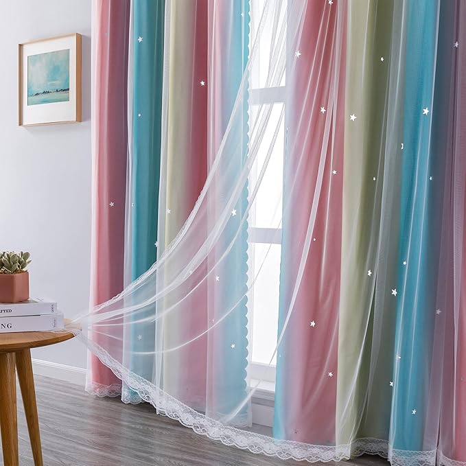 XiDi Curtains for Bedroom Decor, Rainbow Pink-Blue-52-45