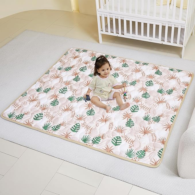 Viviland Baby Mats for Floor, 71x59 Inch Playpen Mat, Thicker & Large Soft Cushioning Padding Playmat for Baby and Toddlers Infants, Non-Slip & Machine Washable, Green Leave