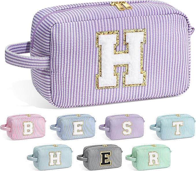 YOOLIFE Initial Makeup Bag for Women - Monogram Cute Makeup Bag Cosmetic Case Toiletry Pouch for Women Her Best Friend Sister Teacher, Personalized Birthday Gifts for Women, Purple H