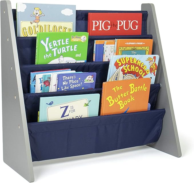 Humble Crew Kids Bookshelf, 4-Tier Front-Facing Book Display Organizer, Montessori Toddler Bookcase for Playroom, Bedroom & Reading Corner, Grey Wood/Navy