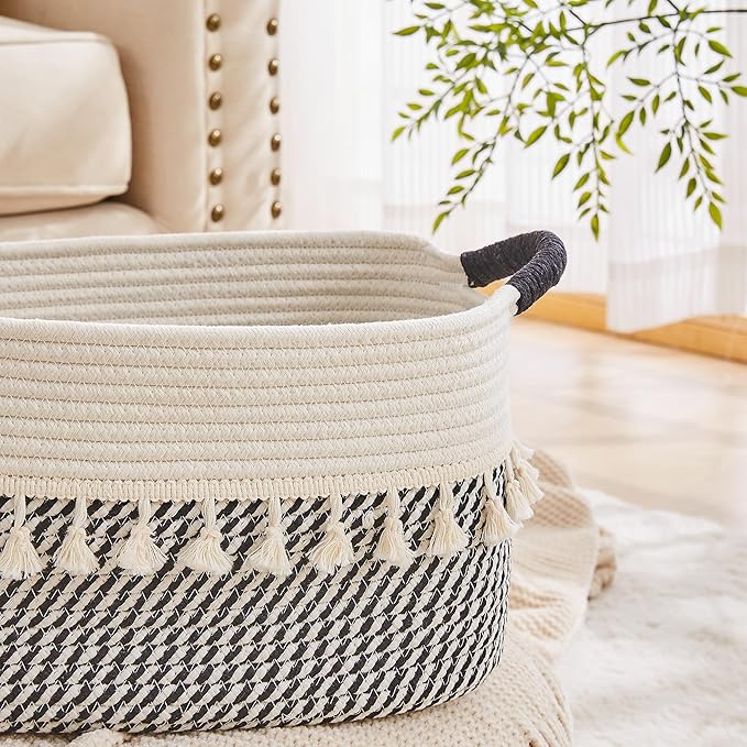 BUBUSUN Storage Bins Woven Baskets for Storage Set of 3, Cotton Rope Basket with Handles for Toys/Shelves/Laundry, Rectangle Multi-Purpose Organizer for Living Room, Bedroom, Nursery (White/Black)
