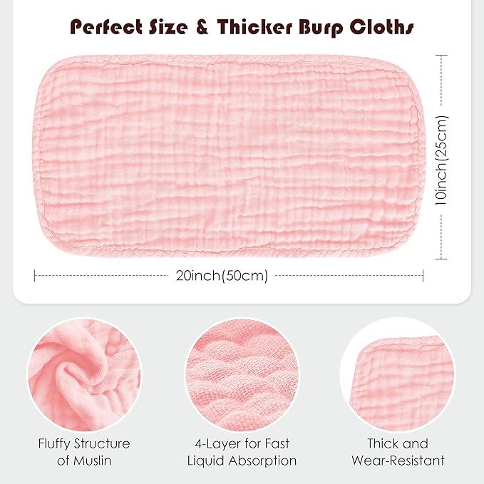 Spotted Play Muslin Burp Cloths 100% Cotton Large 20''x10'' Extra Soft and Absorbent Baby Wash Cloths Spit Up Rags - Baby Burping Cloth for Boys Girls Items(12 Pack Pink)