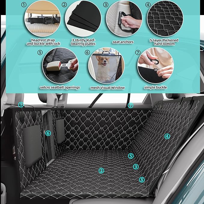 Back Seat Extender for Dogs Premium Waterproof Dog Seat Cover for Back Seat- Heavy-Duty Non-Slip Bench Protector Split Bench Access & Safety Leash Anchor Universal SUV/Truck/Car Fit