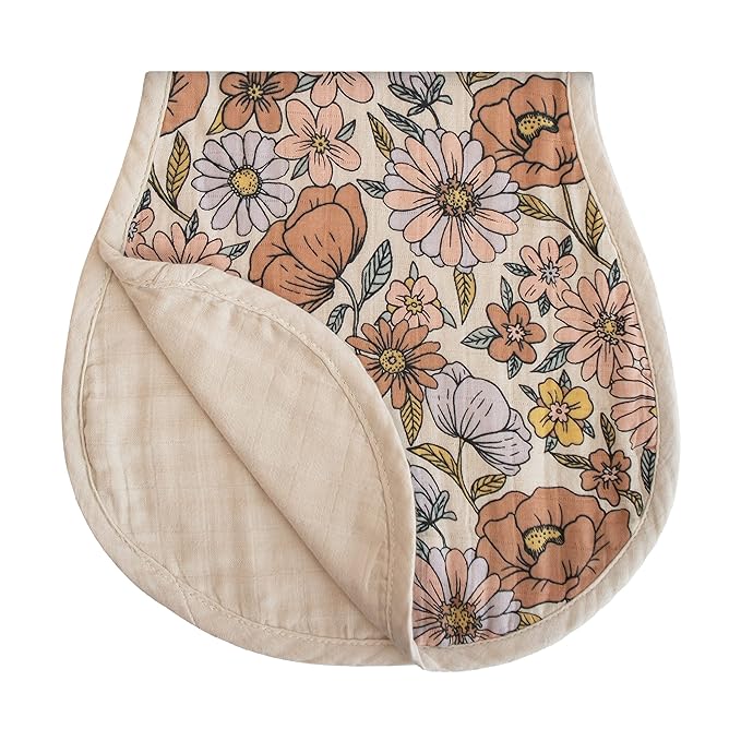 mushie Muslin Baby Burp Cloths | 100% Organic Cotton, Set of 2 (Retro Flowers/Fog)