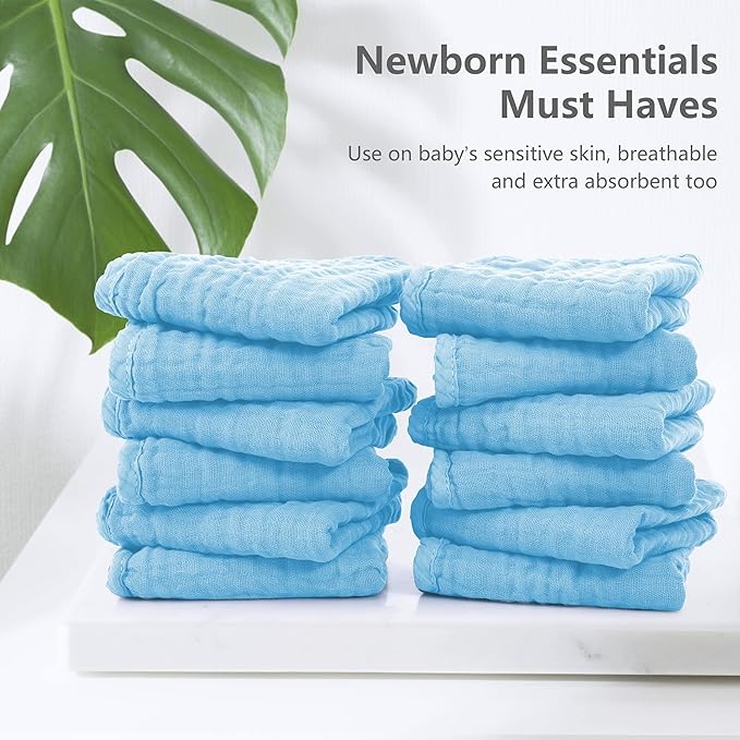 SWEET DOLPHIN 12 Pack Muslin Burp Cloths Large 100% Cotton Hand Washcloths for Baby - Baby Essentials Extra Absorbent and Soft Boys & Girls Milk Spit Up Rags for Newborn Registry- Aquamarine, 20" X10"