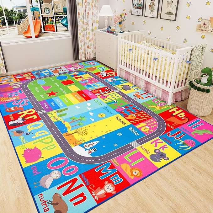 HOMORE Kids Educational Rug, 8x10 Kids Collection Area Rug for Learning Alphabet, Numbers, Colors, Season and Animal Words, Playmat for Classroom Playroom