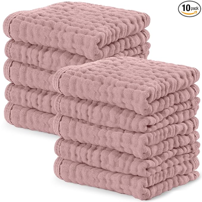 Comfy Cubs Muslin Baby Washcloths 10 Pack - Soft 6-Layer Cotton Wash Cloths for Sensitive Skin - 10"x10" Large, Gentle, Absorbent Infant Essentials for Newborn and Toddlers - Mauve