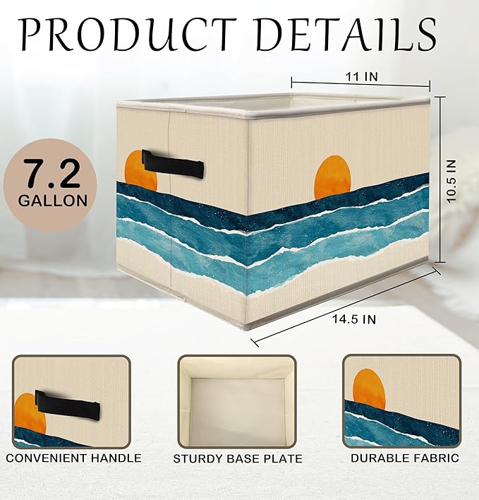 FDHSPAAM Boho Coastal Sun Storage Bins Box with Handles, Abstract Beach Coast Sunrise Collapsible Fabric Storage Basket Box Organizer for Bedroom Bathroom Clothes Toys Books