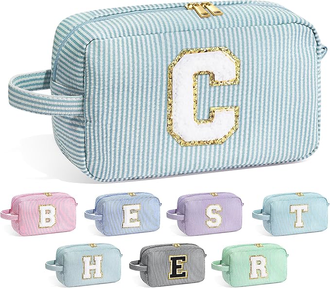 YOOLIFE Birthday Gifts for 6 7 8 9 10 11 12 13 14 15 Year Old Teen Girl - Initial Makeup Bag Letter Toiletry Pouch Cosmetic Case, Personalized Teen Girl Gifts Trendy Stuff, Green C