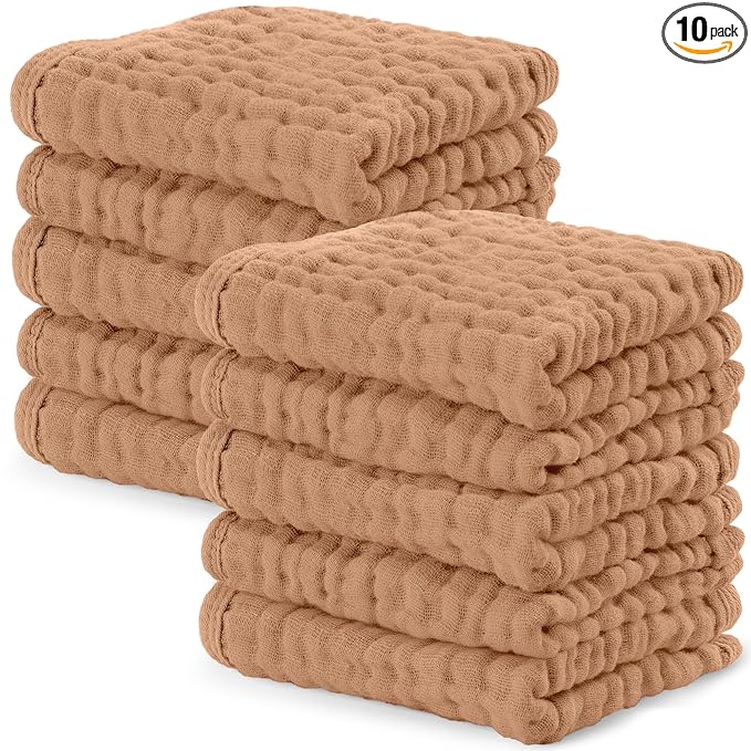 Comfy Cubs Muslin Baby Washcloths 10 Pack - Soft 6-Layer Cotton Wash Cloths for Sensitive Skin - 10"x10" Large, Gentle, Absorbent Infant Essentials for Newborn and Toddlers - Caramel