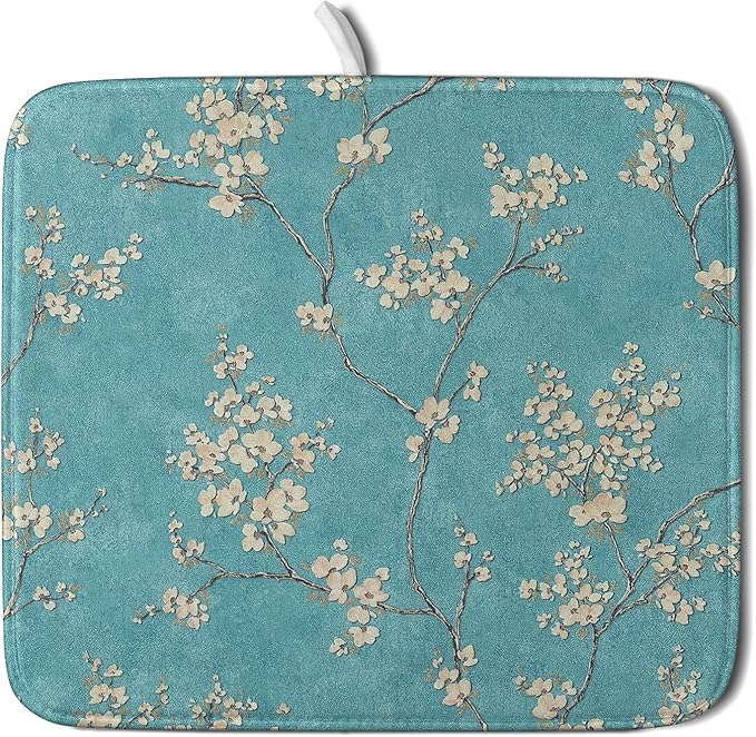 Teal Turquoise Dish Drying Mat for Kitchen Counter Spring Floral Drying Mat 16 x 18 Inch with Absorbent Reversible Microfiber Dish Drying Pad Dish Rack Drainer Mat for Coffee Bar