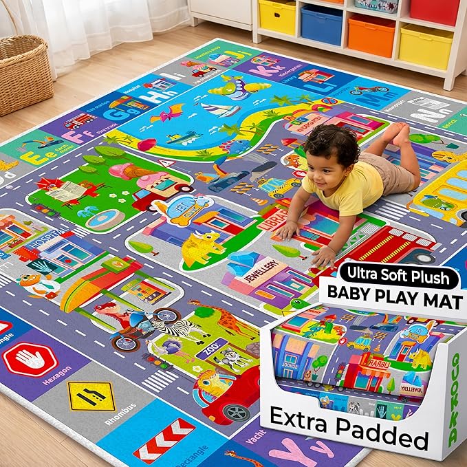 QUOKKA Baby Mat for Floor Play for Babies 6-12 Months – Super Soft Baby Floor Play Mat for Toddlers 1-3 – ABC City Large Thick Plush Rug for Nursery – Padded Foldable Activity Infant Playroom Carpet