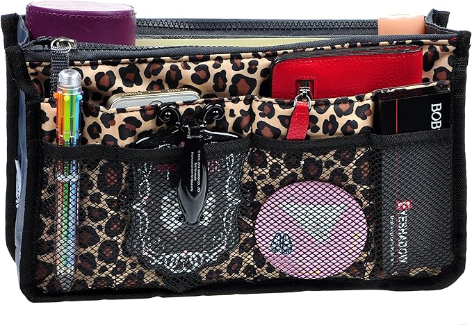 Vercord Purse Organizer Insert for Handbags Bag Organizers Inside Tote Pocketbook Women Nurse Nylon 13 Pockets Leopard Large