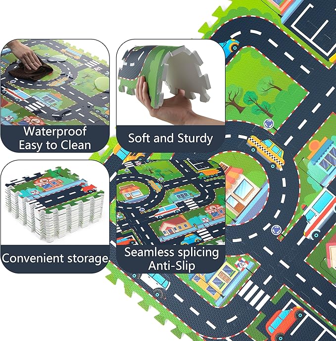 PLAY 10 Foam Play Mat for Baby, Interlocking Foam Tiles, City Road Track Puzzle Mat 12 Pieces