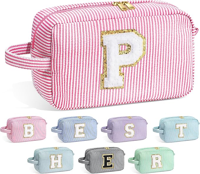 YOOLIFE Initial Cosmetic Bag for Women - Monogram Cute Makeup Bag Cosmetic Case Toiletry Pouch for Women Her Best Friend Sister Teacher, Personalized Birthday Gifts for Women, Pink P
