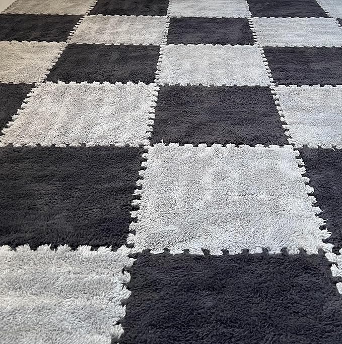12pcs Carpet Squares Puzzle Floor Mat, Plush Interlocking Carpet Tiles, Anti Slip EVA Foam Jigsaw Floor Tiles, Build A Safe Area for Bedroom Playroom (Grey+Black)