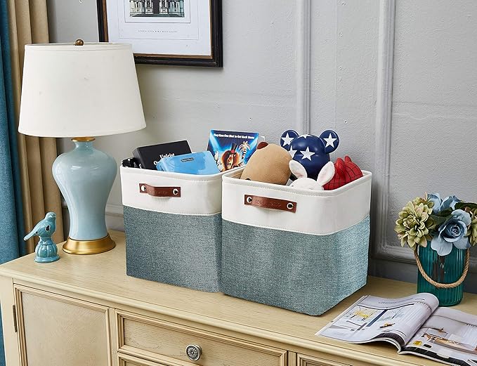 DECOMOMO Storage Cubes, 11x11 Cube Storage Bins, Baskets for Shelves (Green & White, Cube 11" - 4 Pack)