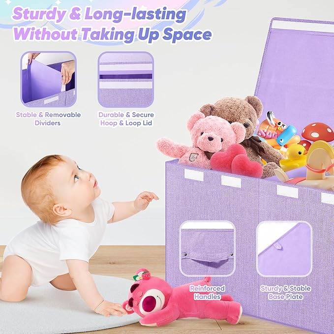 Mabahoo Extra Large Toy Box, Toy Chest for Kids Boys Girls, Collapsible Sturdy Storage Organizer with Mesh Pockets, 40"x14"x16" Kids Box Bins Baskets for Nursery, Playroom, Purple