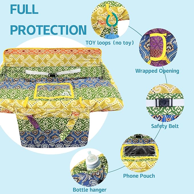 Shopping Cart Cover for Baby,2-in-1 High Chair Cover Soft,Portable,and Machine Washable,Comfortable Cotton Seat Pad with Safety Harness and Portable Cloth Bag,Fits All Supermarkets and Restaurants