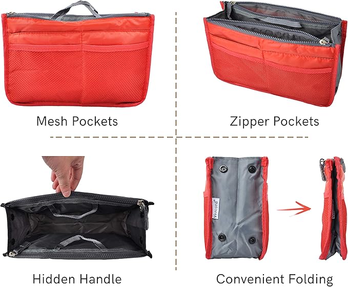 Vercord Purse Organizer Insert for Handbags Bag Organizers Inside Tote Pocketbook Women Nurse Nylon 13 Pockets Red Small