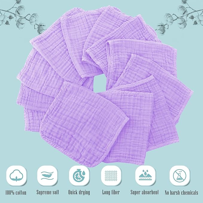 Cute Castle 24 Pack Muslin Burp Cloths for Baby - Ultra-Soft 100% Cotton Baby Washcloths - Large 20'' by 10'' Super Absorbent Milk Spit Up Rags - Burpy Cloths for Unisex, Boy, Girl - Purple
