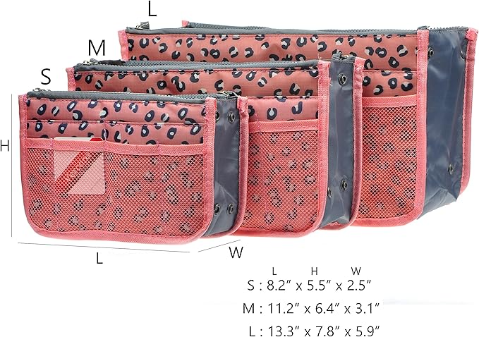 Vercord Purse Organizer Insert for Handbags Bag Organizers Inside Tote Pocketbook Women Nurse Nylon 13 Pockets Pink Leopard Medium
