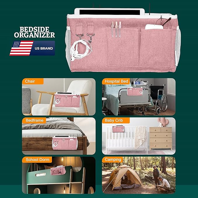 Bedside Caddy Organizer Hanging Storage Bag with Pockets for Books, Magazines, Phone, Tablet & Water Bottle – Bedside Storage for Dorm, Bunk Beds, Hospital Beds & Cribs, Pink