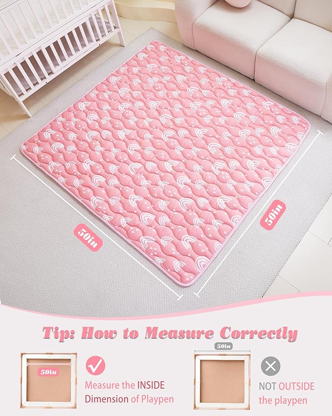 Viviland Baby Mats for Floor, 50x50 Inch Playpen Mat, Thick Cushioning Padding Playmat for Baby and Toddlers Infants, Non-Slip & Machine Washable, Pink Rainbow
