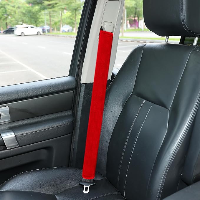 Amooca Soft Faux Fur Universal Fit Seatbelt Cover Car Truck SUV Airplane Seat Belt Shoulder Pad for Carmera Backpack Straps Neck Cushion Protector Extra Long 25.6in Red