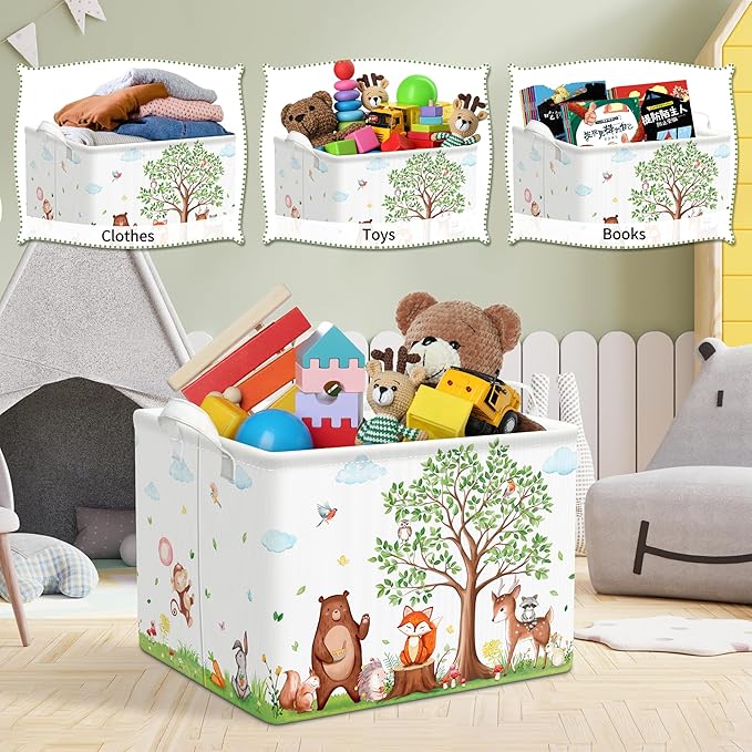 TREWAVE Baby Storage Basket Woodland Animals Gift Basket with Handles Rectangular Collapsible Clothes Towel Toys Bin Bookshelf Organizer for Baby Shower Room Nursery Decor