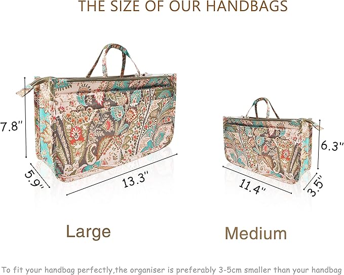 Vercord Patterned Purse Handbag Tote Pocketbook Bag Organizer Insert with Zipper Handle for Women Medium Peacock Flower