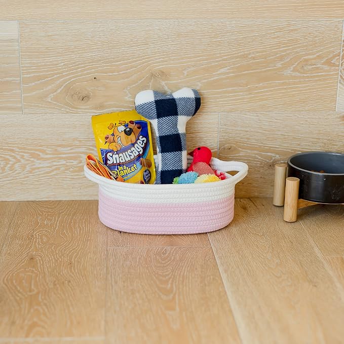 NaturalCozy 3-Piece Oval Storage Basket Set– Soft Natural Rope Woven Baskets for Storage Shelf, Toy, Nursery, Gift, Baby Shower, Pets Cat Dog Bins | Small Basket for Organizing (Off White & Pink)