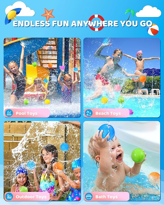 Reusable Water Balloons 18PCS - Summer Water Toys for Pool Beach & Outdoor, Self-Sealing Refillable Water Bombs for Kids Ages 3-14, Magnetic Splash Balls for Kids Fun Games & Activities